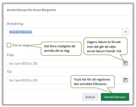 inställningar för del av dag samt datumval