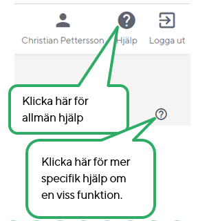 Stort frågetecken för Allmän hjälp samt litet frågetecken för specifik sida 