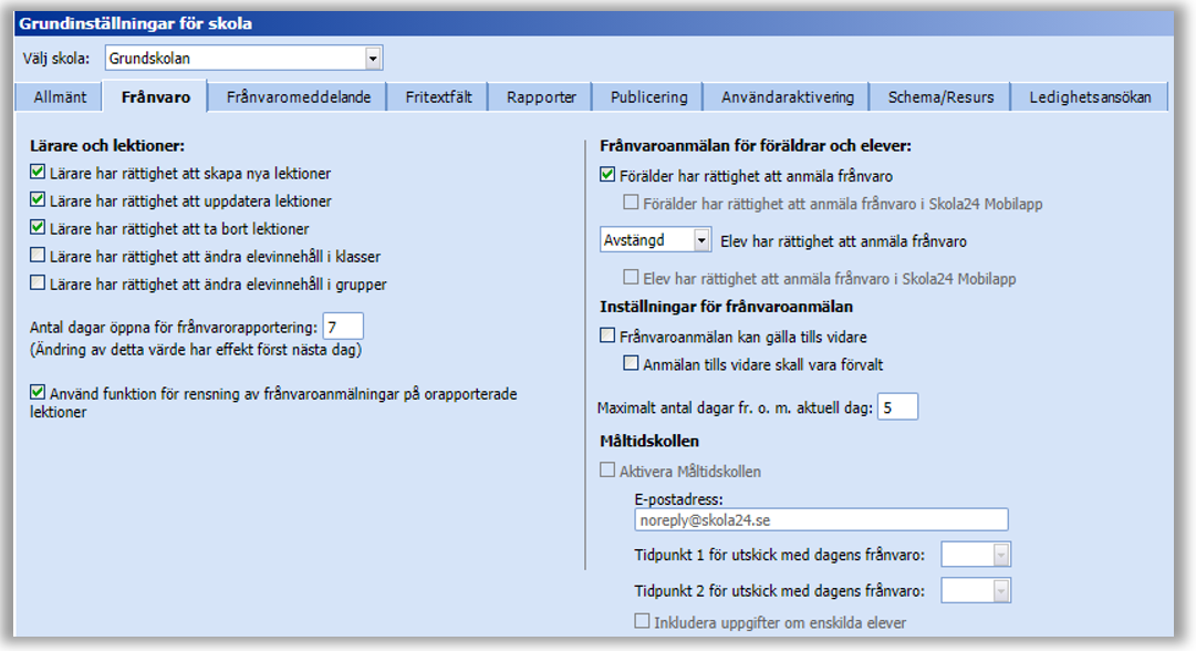 Under fliken Frånvaro administreras diverse inställningar avseende frånvarorapportering